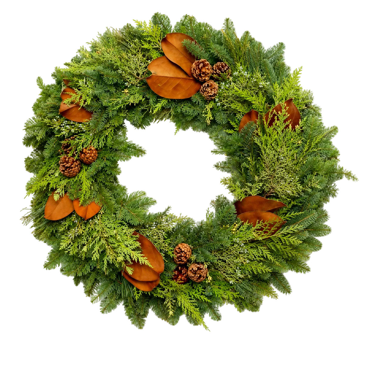 A green evergreen wreath decorated with brown magnolia leaves, pinecones, and small brown acorns, photographed on a plain white background.