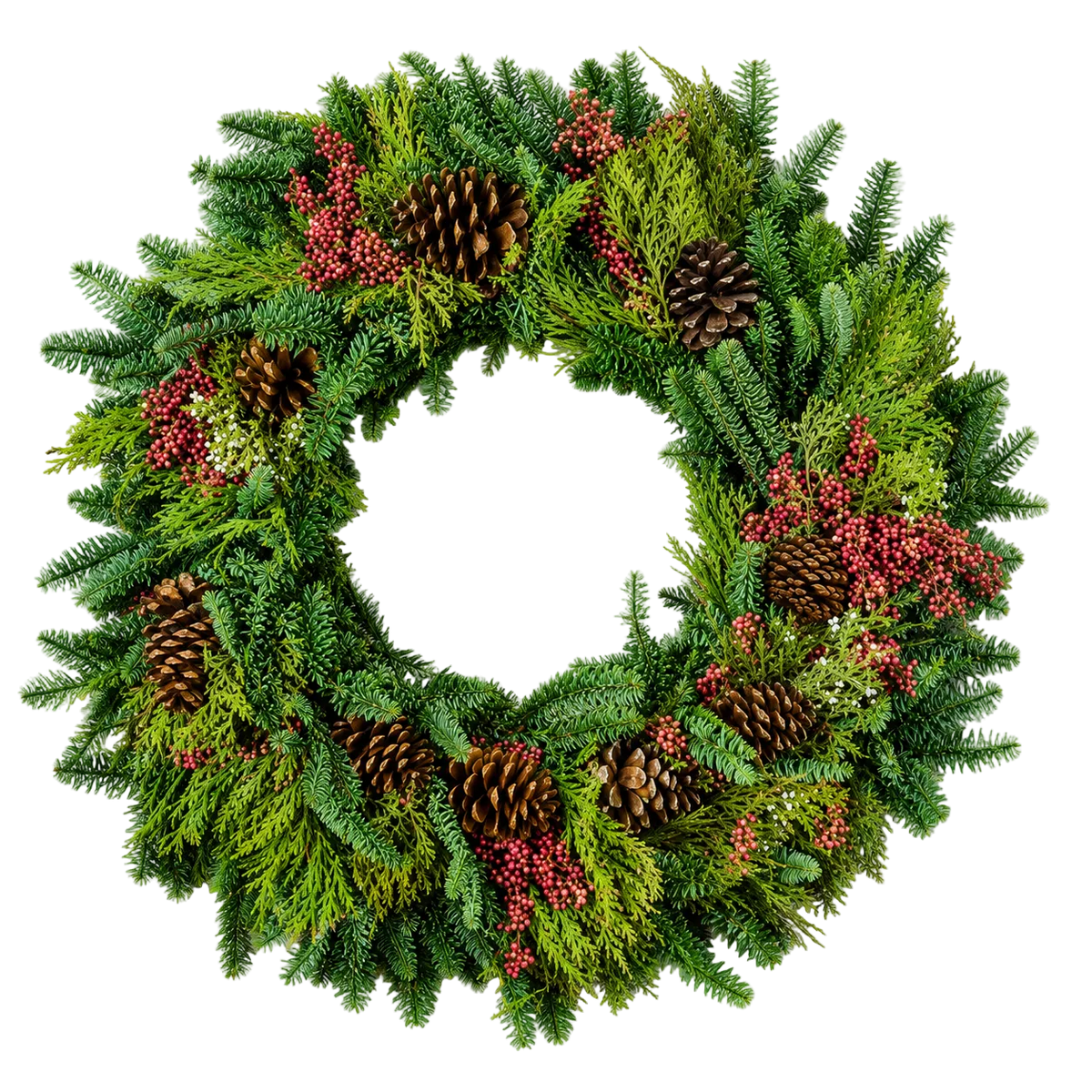 A festive Christmas wreath made of green pine and fir branches, decorated with several brown pinecones and clusters of small red berries, shown on a plain white background.